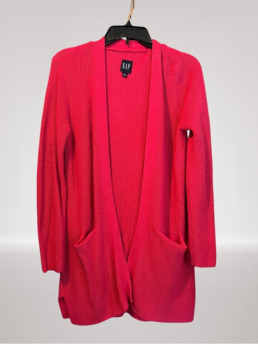 GAP Women’s Medium Bright Pink Long Open Front Knit Cardigan Sweater Pockets